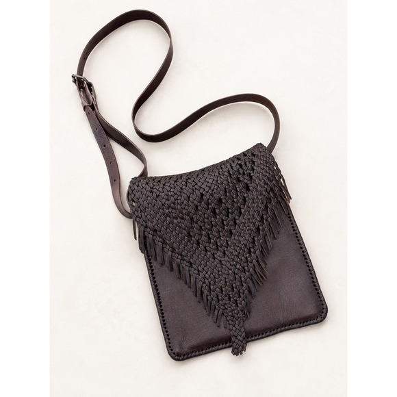 Handmade Woven Braided Leather Fringe Crossbody Bag Dark Brown Boho Artisan